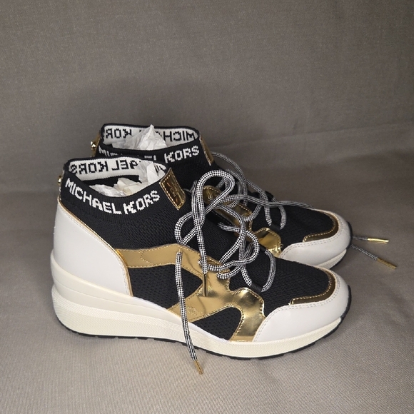 Michael Kors Shoes - Michael Kors Hilda Knit & Leather Sock Wedge Heel Lace Up Trainers Sneakers